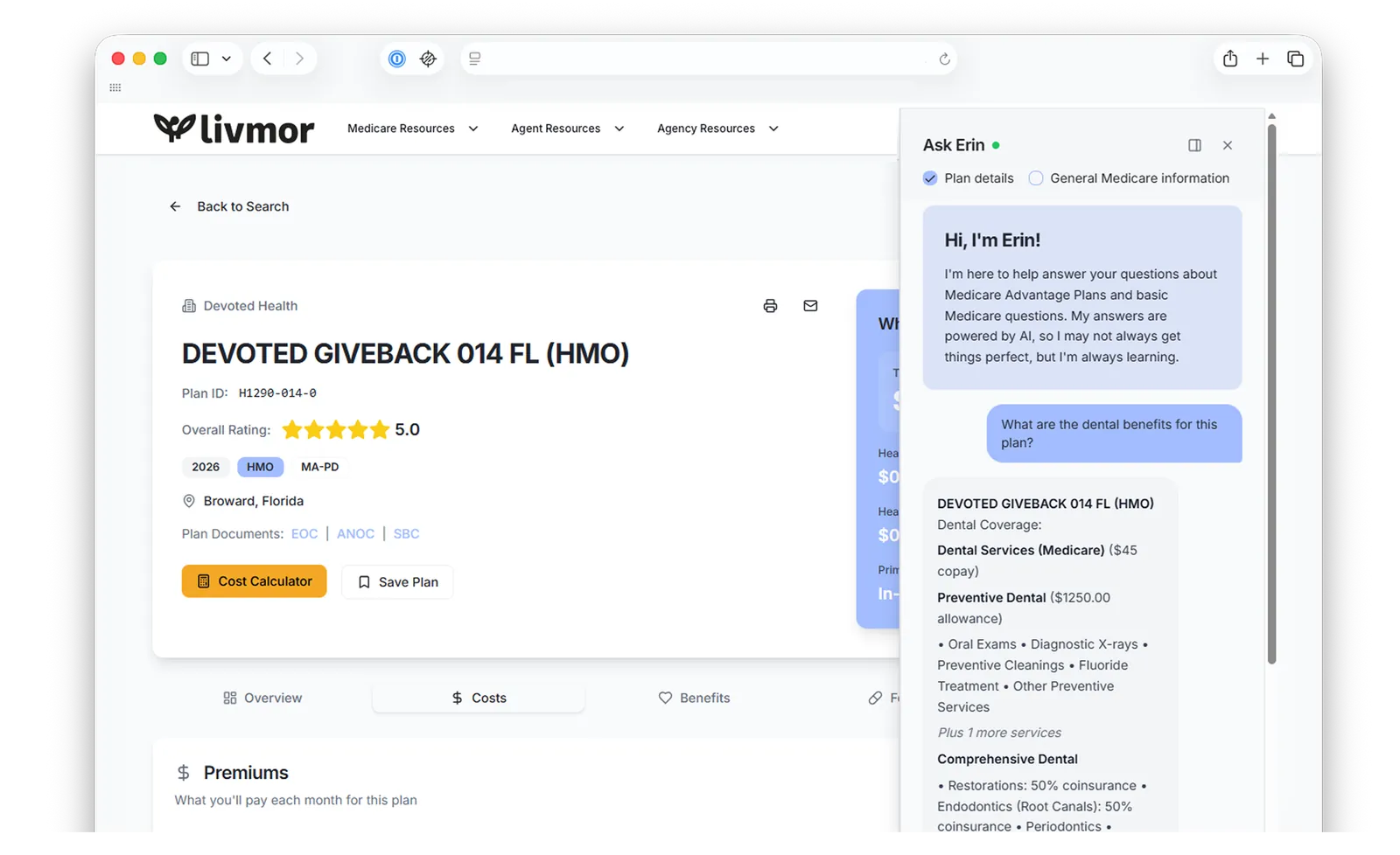 LivmorIQ Plan Finder with Ask Erin - compare Medicare plans and get AI answers on benefits and costs