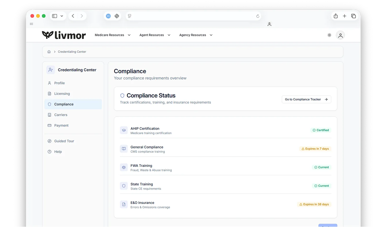 LivmorIQ Credentialing Center - licensing, compliance, and carrier appointment tracking