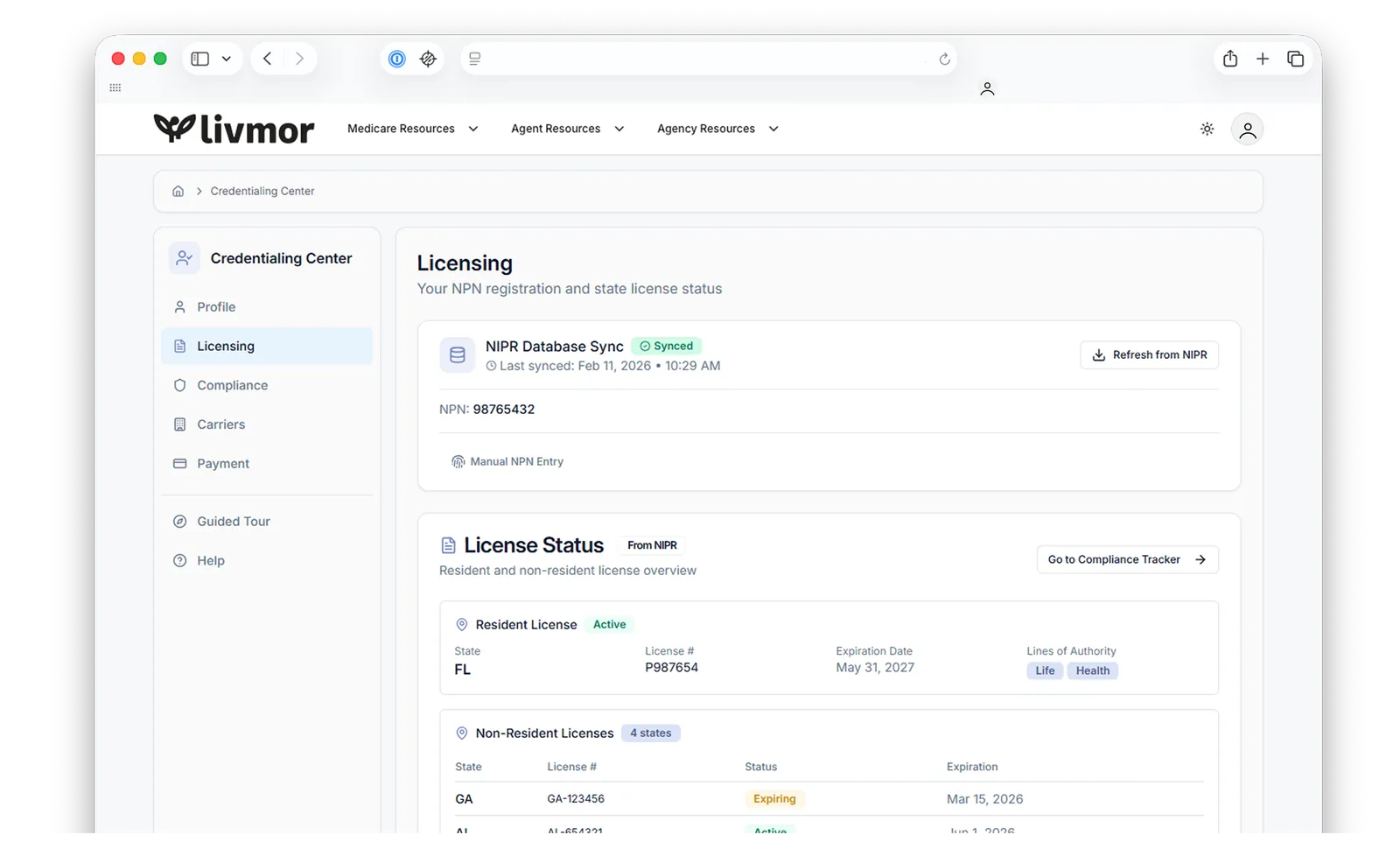 LivmorIQ Credentialing Center - licensing, compliance, and carrier appointment tracking