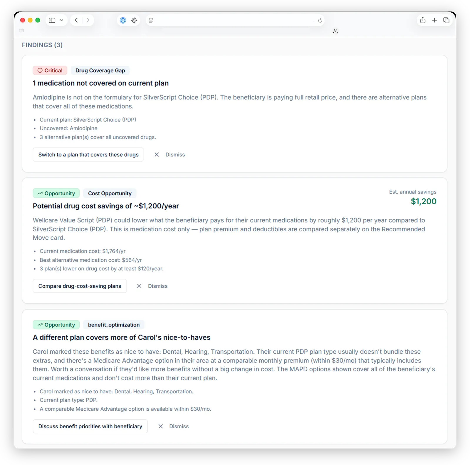 LivmorIQ Plan Analysis - Analysis Queue, agent talking points, and coverage findings