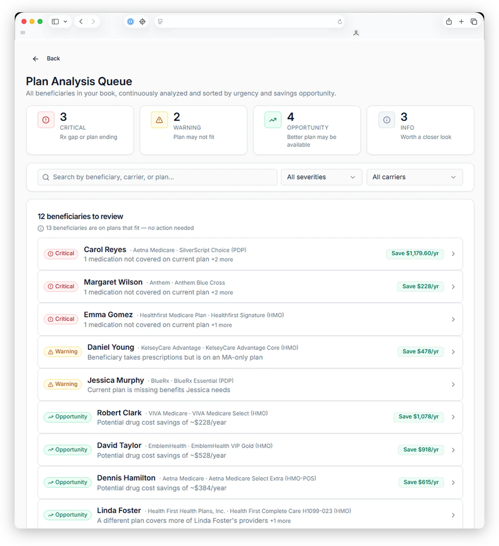 LivmorIQ Plan Analysis - Analysis Queue, agent talking points, and coverage findings