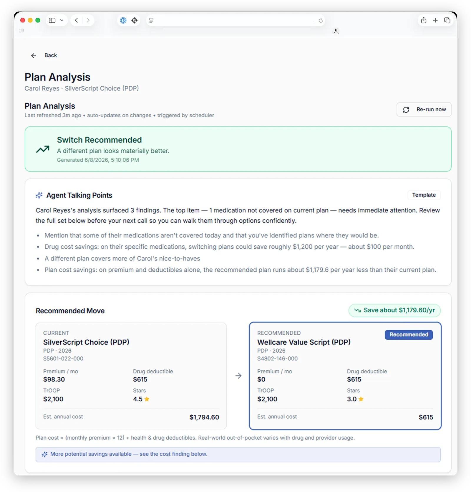 LivmorIQ Plan Analysis - Analysis Queue, agent talking points, and coverage findings