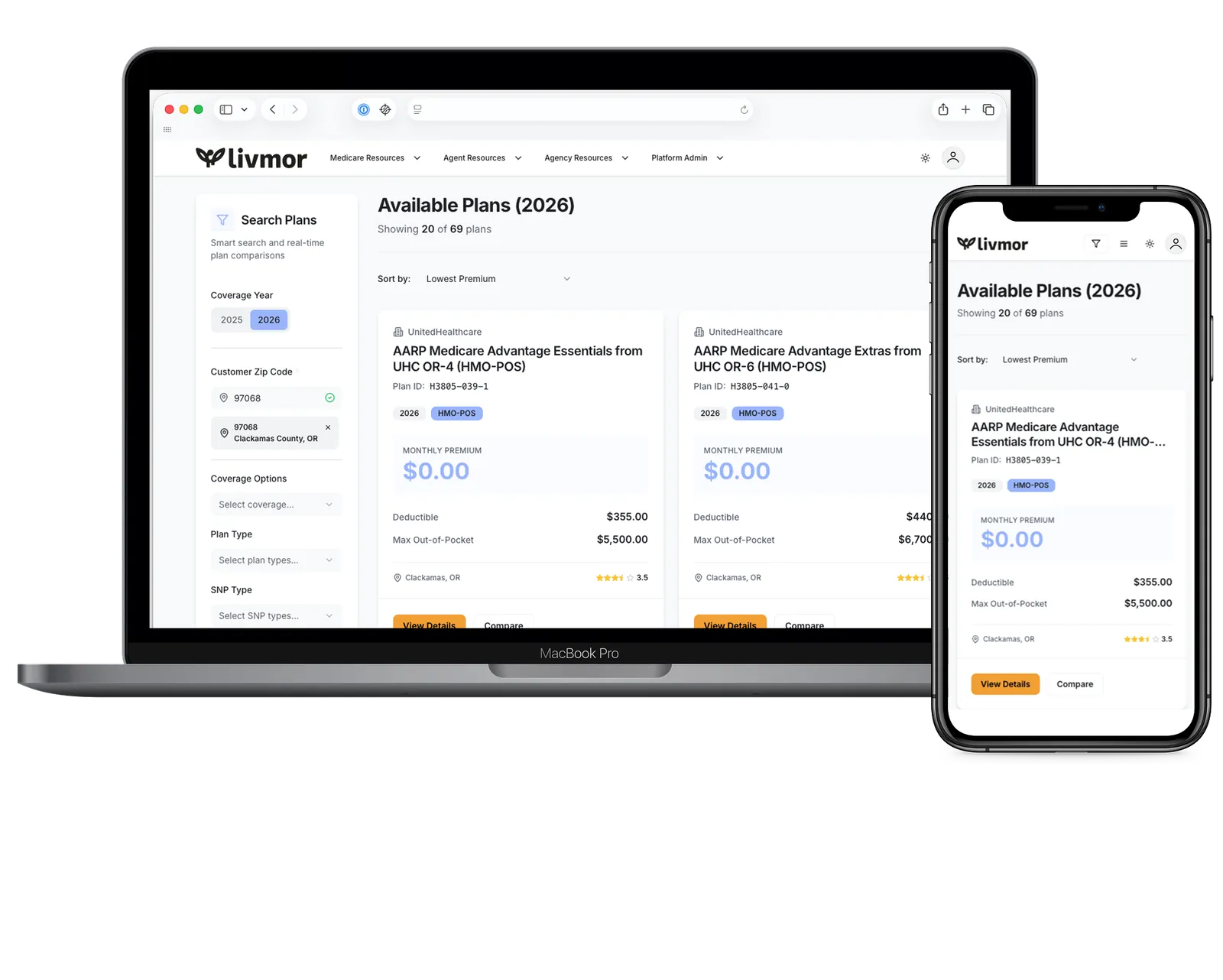 LivmorIQ Platform Preview showing Plan Finder interface